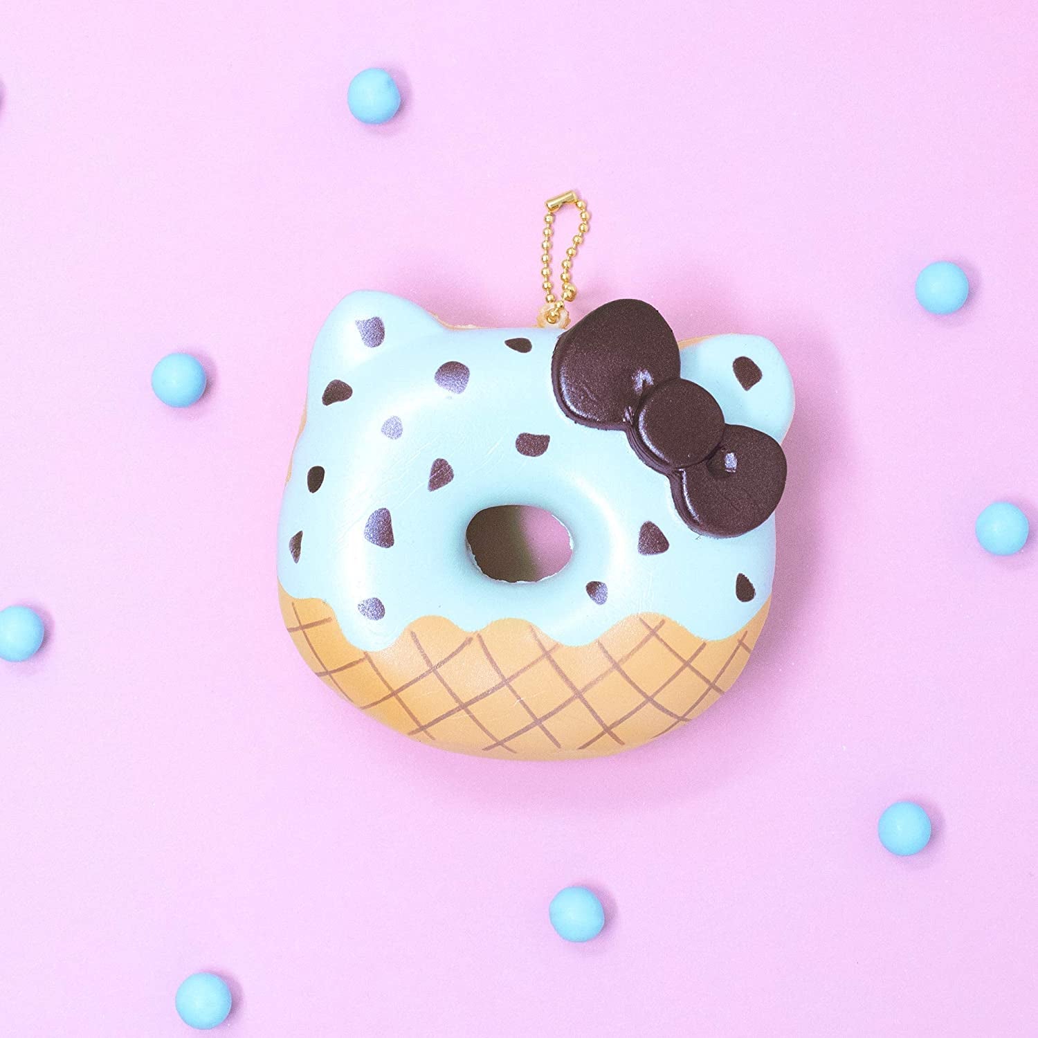 Sanrio Hello Kitty Ice Cream Donut Slow Rising Squishy Toy Keychain (Mint Chocolate) for Party Favors, Stress Balls, Birthday Gift Boxes, Kawaii Squishies for Kids, Girls, Boys, Adults